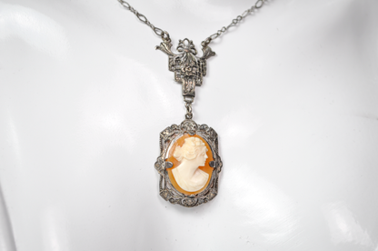 Antique Art Deco Style Sterling Silver Filigree Genuine Cameo Necklace - Detailed Filigree - Vintage Silver 925 Cameo Pendant Necklace