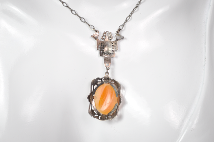 Antique Art Deco Style Sterling Silver Filigree Genuine Cameo Necklace - Detailed Filigree - Vintage Silver 925 Cameo Pendant Necklace