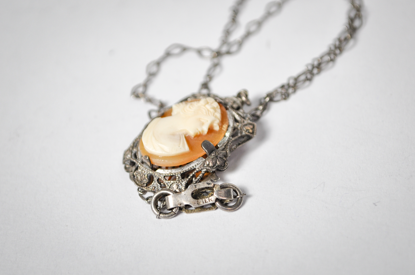 Antique Art Deco Style Sterling Silver Filigree Genuine Cameo Necklace - Detailed Filigree - Vintage Silver 925 Cameo Pendant Necklace