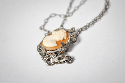 Antique Art Deco Style Sterling Silver Filigree Genuine Cameo Necklace - Detailed Filigree - Vintage Silver 925 Cameo Pendant Necklace