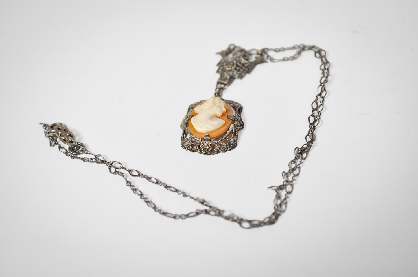 Antique Art Deco Style Sterling Silver Filigree Genuine Cameo Necklace - Detailed Filigree - Vintage Silver 925 Cameo Pendant Necklace
