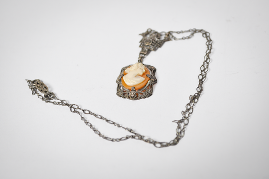 Antique Art Deco Style Sterling Silver Filigree Genuine Cameo Necklace - Detailed Filigree - Vintage Silver 925 Cameo Pendant Necklace