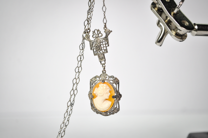 Antique Art Deco Style Sterling Silver Filigree Genuine Cameo Necklace - Detailed Filigree - Vintage Silver 925 Cameo Pendant Necklace