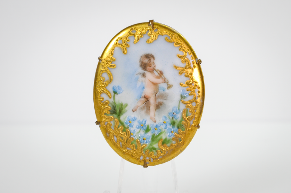 Antique Gold Gilt Hand Painted Cherub Forget-Me-Nots Porcelain Brooch - Gold Leaf Border - Victorian Era Gilded Angel Pin&nbsp;
