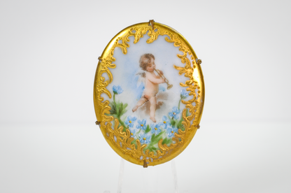 Antique Gold Gilt Hand Painted Cherub Forget-Me-Nots Porcelain Brooch - Gold Leaf Border - Victorian Era Gilded Angel Pin&nbsp;