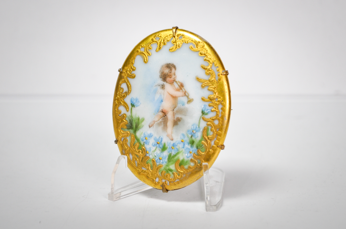 Antique Gold Gilt Hand Painted Cherub Forget-Me-Nots Porcelain Brooch - Gold Leaf Border - Victorian Era Gilded Angel Pin&nbsp;