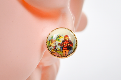 Antique Gold-Toned Painted Enamel Courting Scene Screw Back Stud Earrings - 10K Gold Posts - 18th Century Style Love Scene Stud Earrings