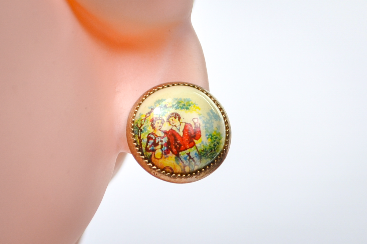 Antique Gold-Toned Painted Enamel Courting Scene Screw Back Stud Earrings - 10K Gold Posts - 18th Century Style Love Scene Stud Earrings