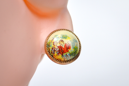 Antique Gold-Toned Painted Enamel Courting Scene Screw Back Stud Earrings - 10K Gold Posts - 18th Century Style Love Scene Stud Earrings