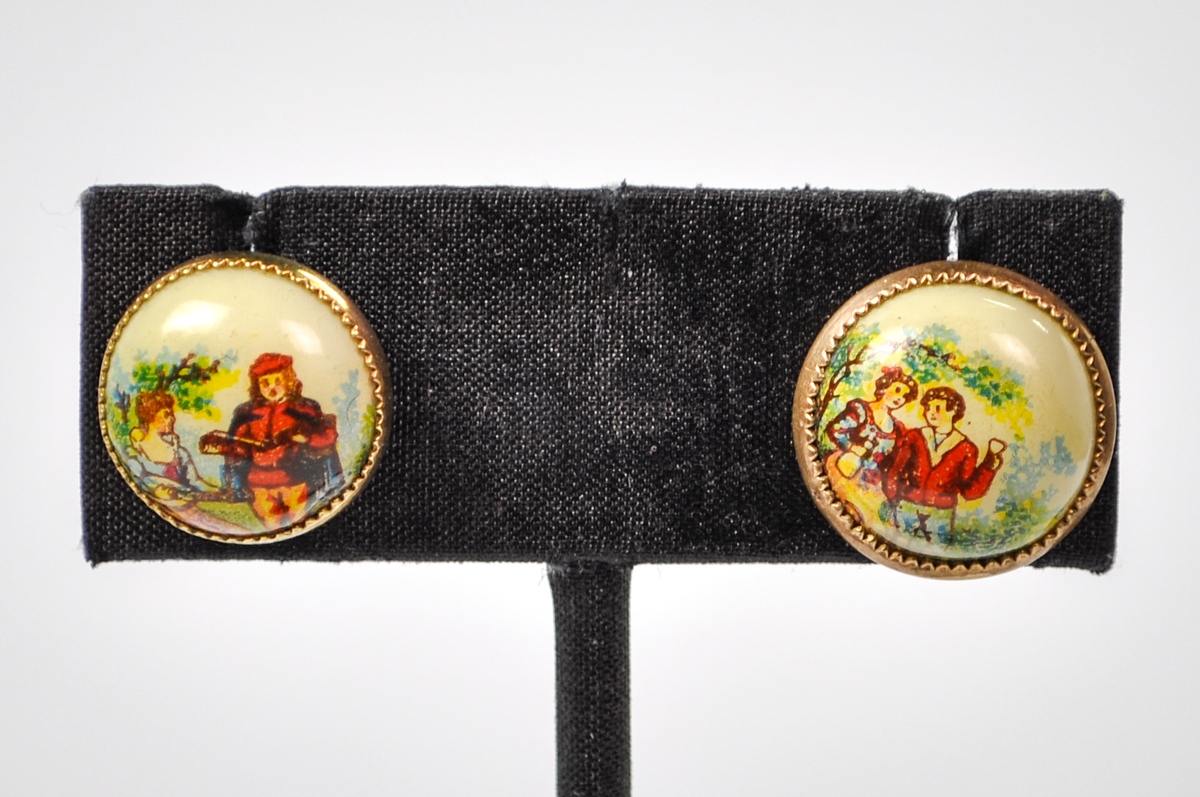 Antique Gold-Toned Painted Enamel Courting Scene Screw Back Stud Earrings - 10K Gold Posts - 18th Century Style Love Scene Stud Earrings