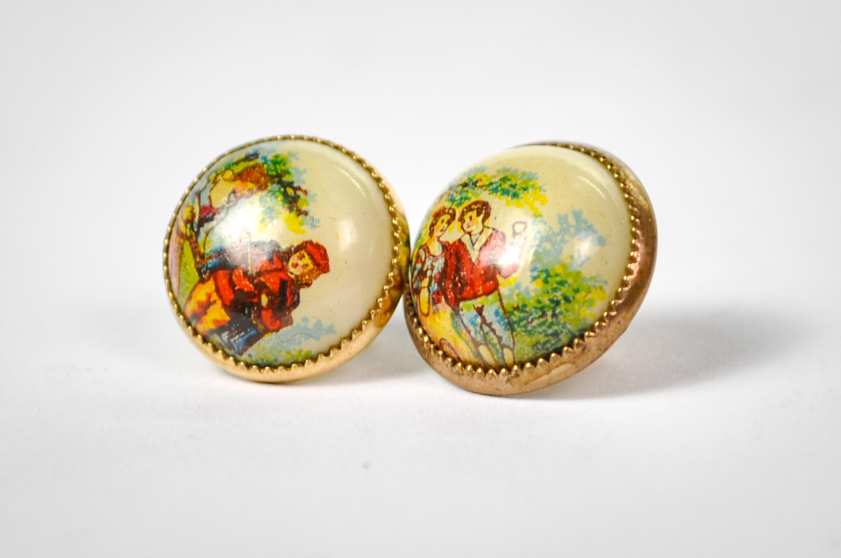 Antique Gold-Toned Painted Enamel Courting Scene Screw Back Stud Earrings - 10K Gold Posts - 18th Century Style Love Scene Stud Earrings