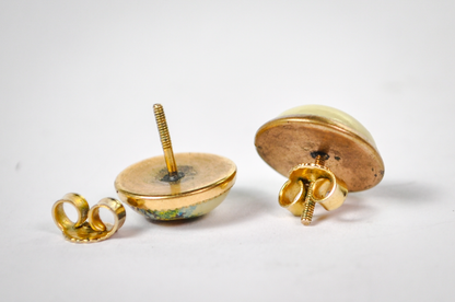 Antique Gold-Toned Painted Enamel Courting Scene Screw Back Stud Earrings - 10K Gold Posts - 18th Century Style Love Scene Stud Earrings