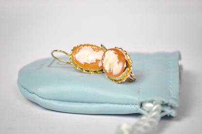Vintage 14k Gold Ditta Giovanni Apa Genuine Cameo Drop Earrings - 1970s Giovanni Apa Naples Italian Cameo 14kt Yellow Gold Earrings