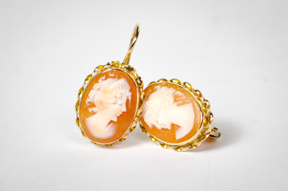 Vintage 14k Gold Ditta Giovanni Apa Genuine Cameo Drop Earrings - 1970s Giovanni Apa Naples Italian Cameo 14kt Yellow Gold Earrings