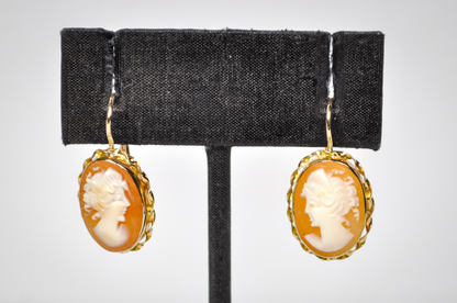 Vintage 14k Gold Ditta Giovanni Apa Genuine Cameo Drop Earrings - 1970s Giovanni Apa Naples Italian Cameo 14kt Yellow Gold Earrings