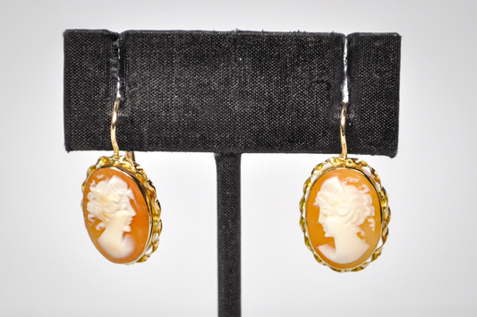 Vintage 14k Gold Ditta Giovanni Apa Genuine Cameo Drop Earrings - 1970s Giovanni Apa Naples Italian Cameo 14kt Yellow Gold Earrings