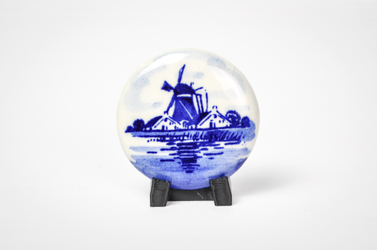 Authentic Signed Round Delft Porcelain Windmill Brooch - Handpainted Dutch Pin - Vintage Delft Holland Windmill Porcelain Pin&nbsp;