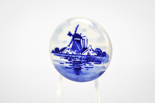 Authentic Signed Round Delft Porcelain Windmill Brooch - Handpainted Dutch Pin - Vintage Delft Holland Windmill Porcelain Pin&nbsp;