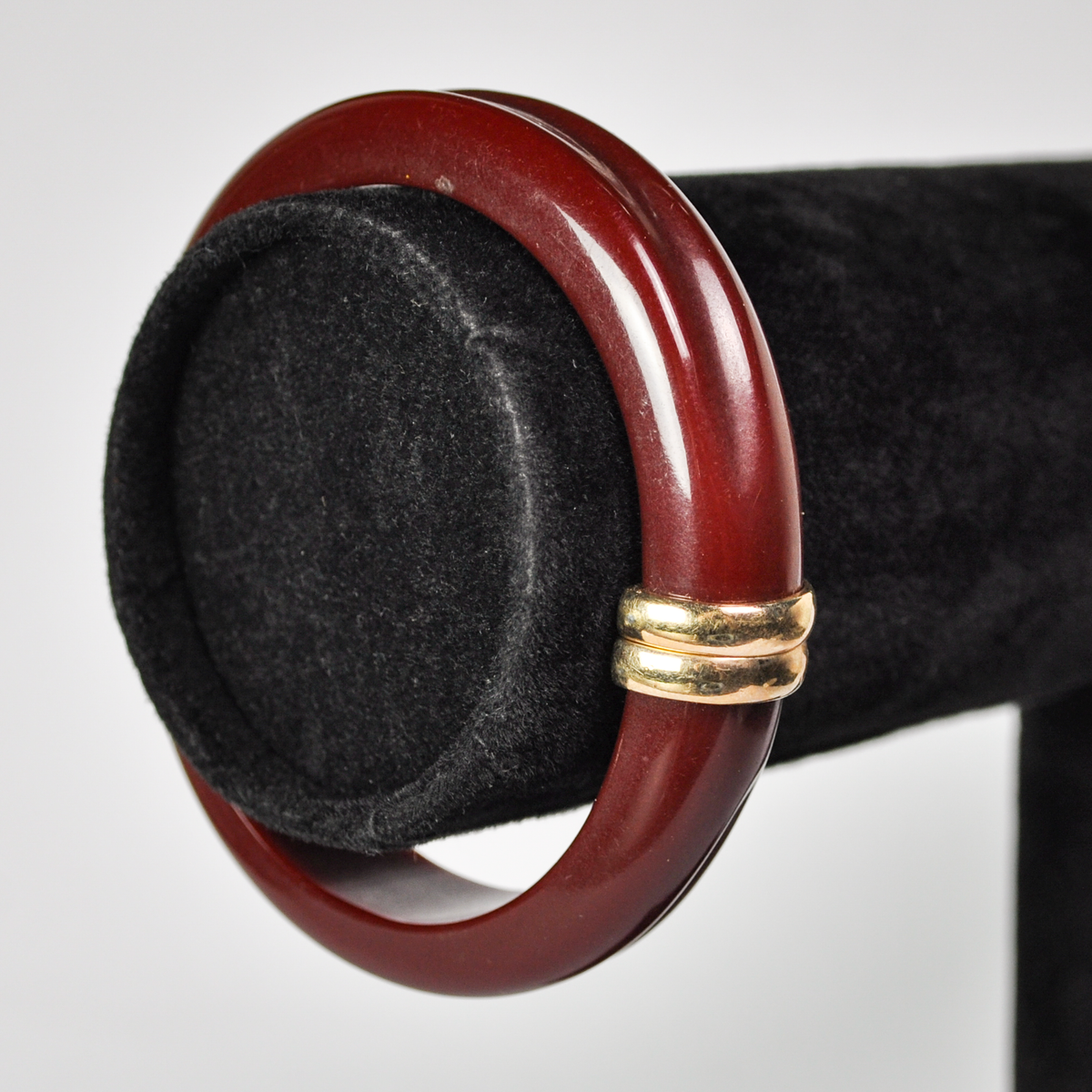 Vintage Avon Gold Tone Burgundy Lucite Hinged Clamper Bangle - Unique Avon Signed Dark Red Lucite Hinged Bracelet