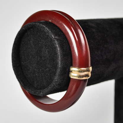 Vintage Avon Gold Tone Burgundy Lucite Hinged Clamper Bangle - Unique Avon Signed Dark Red Lucite Hinged Bracelet