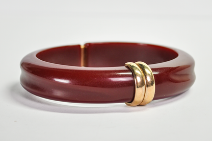 Vintage Avon Gold Tone Burgundy Lucite Hinged Clamper Bangle - Unique Avon Signed Dark Red Lucite Hinged Bracelet
