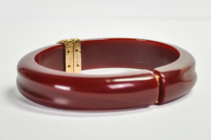 Vintage Avon Gold Tone Burgundy Lucite Hinged Clamper Bangle - Unique Avon Signed Dark Red Lucite Hinged Bracelet