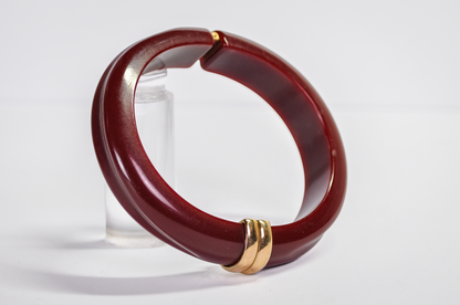 Vintage Avon Gold Tone Burgundy Lucite Hinged Clamper Bangle - Unique Avon Signed Dark Red Lucite Hinged Bracelet