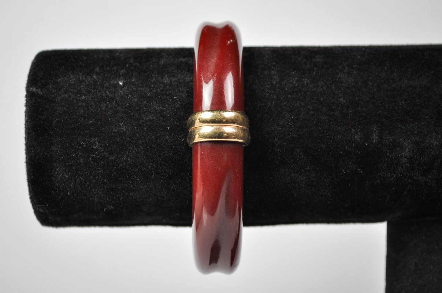 Vintage Avon Gold Tone Burgundy Lucite Hinged Clamper Bangle - Unique Avon Signed Dark Red Lucite Hinged Bracelet