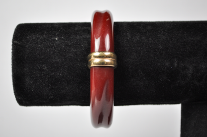 Vintage Avon Gold Tone Burgundy Lucite Hinged Clamper Bangle - Unique Avon Signed Dark Red Lucite Hinged Bracelet