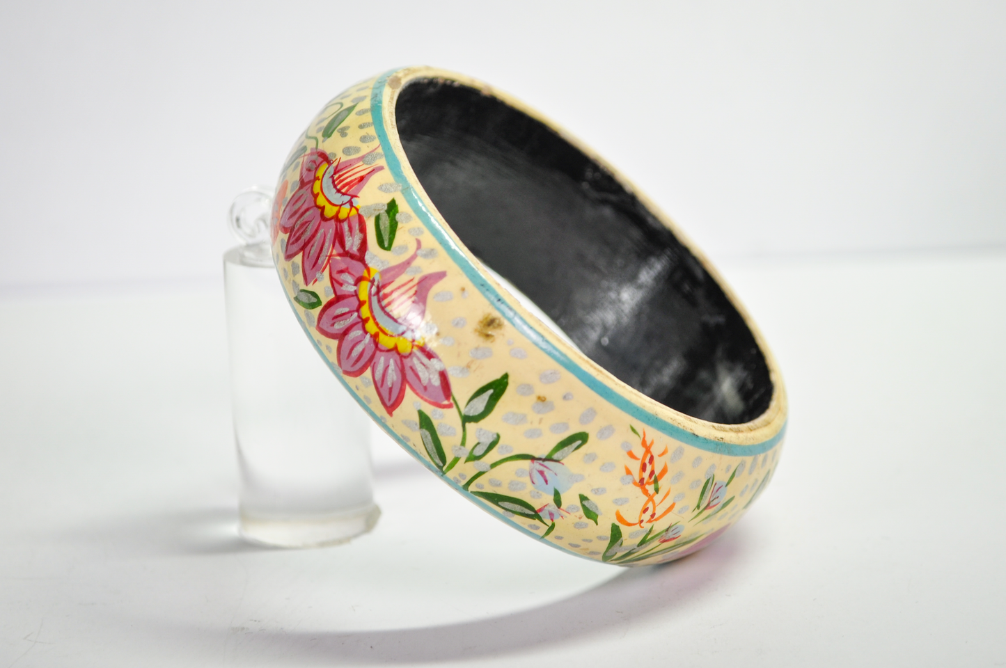 Vintage Folk-Art Style Floral Painted Lacquer Wood Cuff Bracelet - 1970s Boho Hippie Floral Hand Painted Wood Bangle