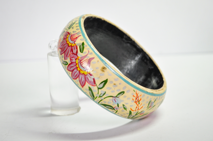 Vintage Folk-Art Style Floral Painted Lacquer Wood Cuff Bracelet - 1970s Boho Hippie Floral Hand Painted Wood Bangle