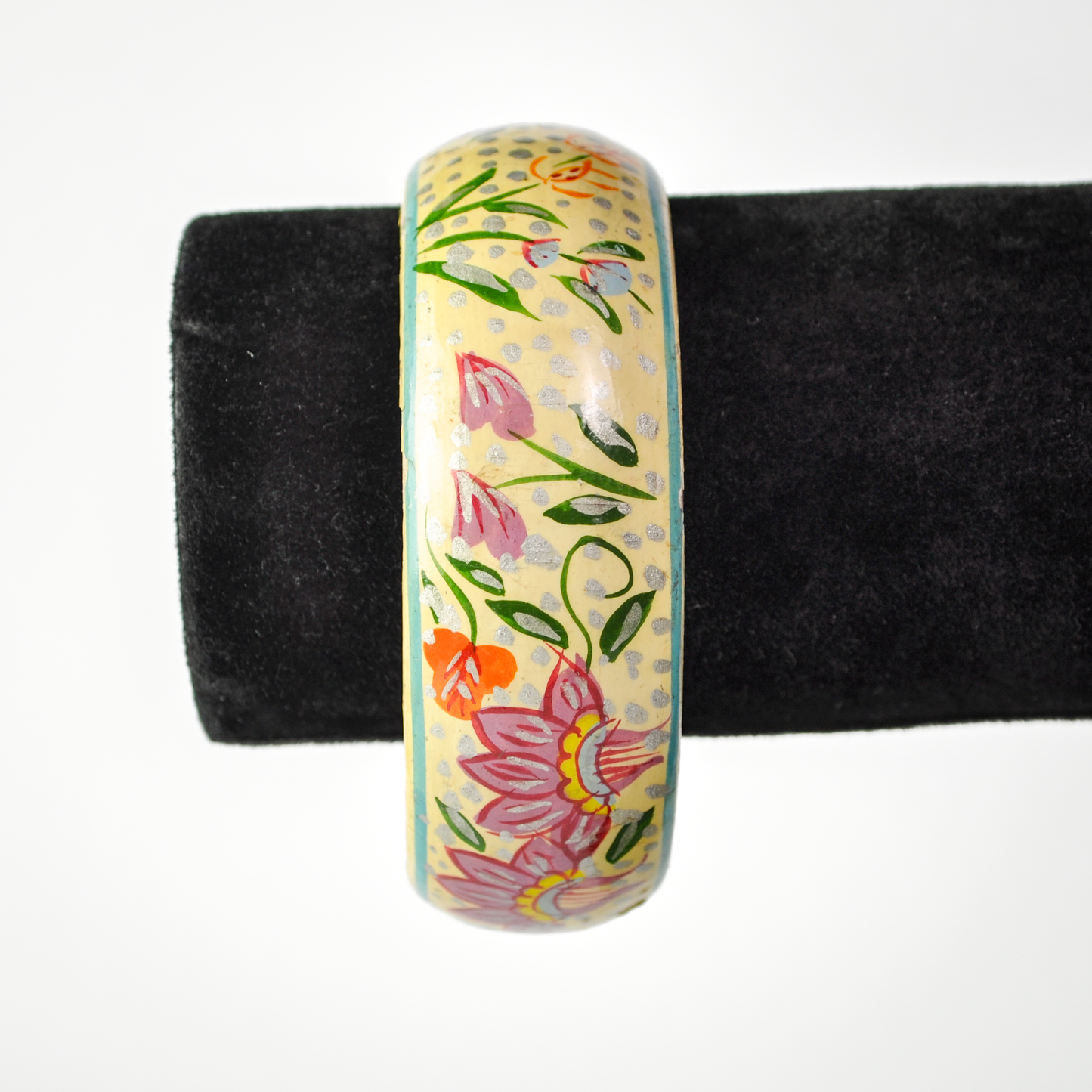 Vintage Folk-Art Style Floral Painted Lacquer Wood Cuff Bracelet - 1970s Boho Hippie Floral Hand Painted Wood Bangle