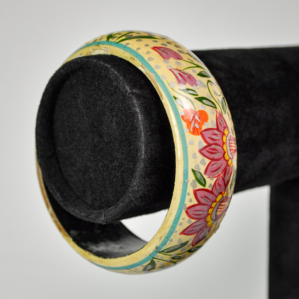 Vintage Folk-Art Style Floral Painted Lacquer Wood Cuff Bracelet - 1970s Boho Hippie Floral Hand Painted Wood Bangle