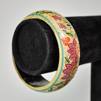 Vintage Folk-Art Style Floral Painted Lacquer Wood Cuff Bracelet - 1970s Boho Hippie Floral Hand Painted Wood Bangle