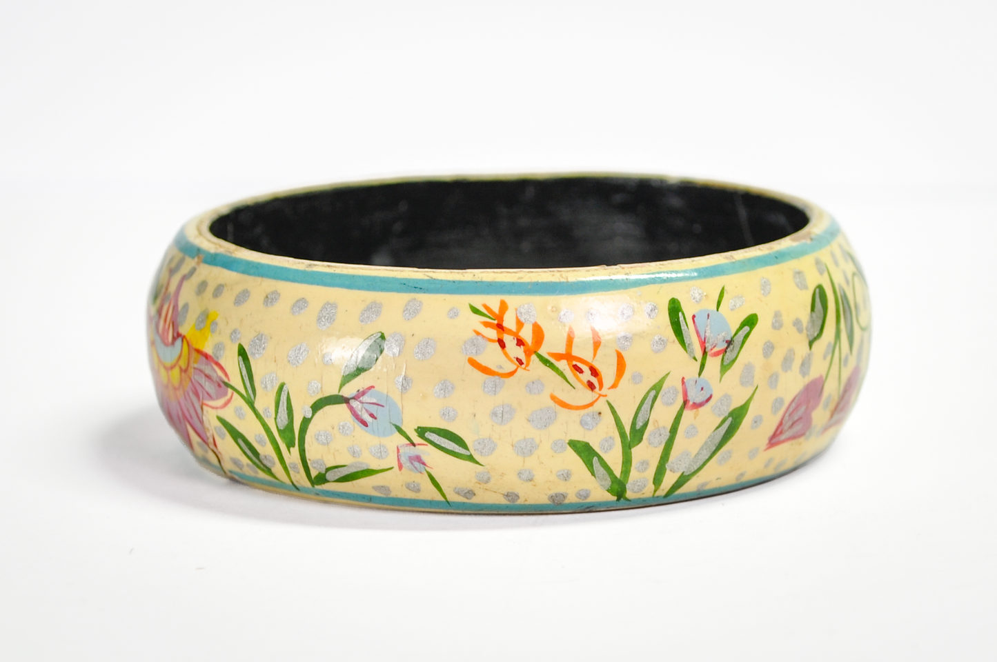Vintage Folk-Art Style Floral Painted Lacquer Wood Cuff Bracelet - 1970s Boho Hippie Floral Hand Painted Wood Bangle