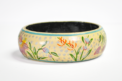 Vintage Folk-Art Style Floral Painted Lacquer Wood Cuff Bracelet - 1970s Boho Hippie Floral Hand Painted Wood Bangle