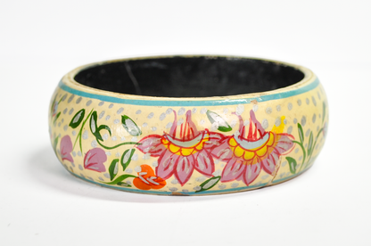 Vintage Folk-Art Style Floral Painted Lacquer Wood Cuff Bracelet - 1970s Boho Hippie Floral Hand Painted Wood Bangle