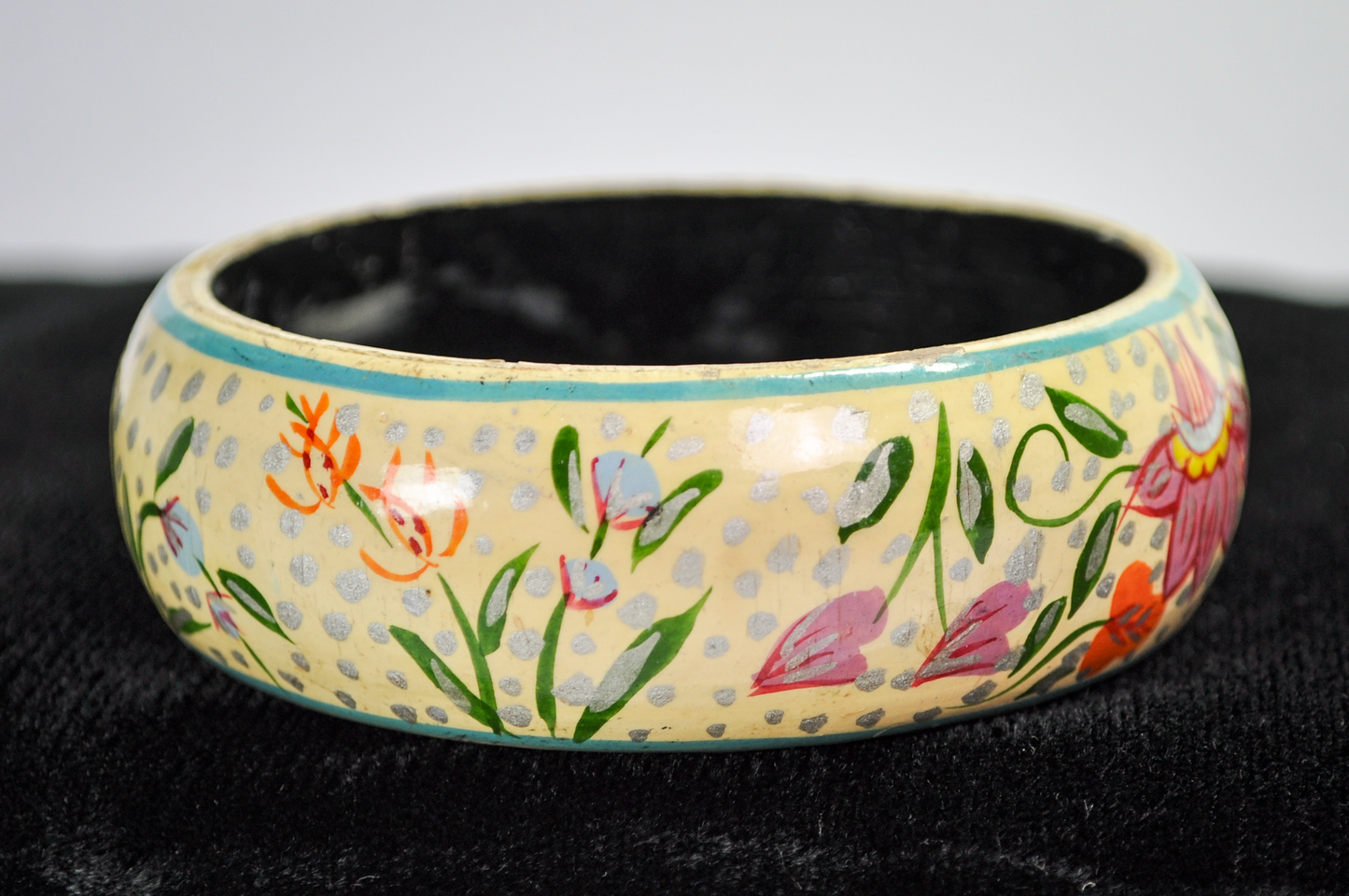 Vintage Folk-Art Style Floral Painted Lacquer Wood Cuff Bracelet - 1970s Boho Hippie Floral Hand Painted Wood Bangle