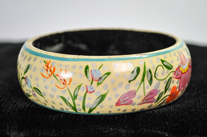 Vintage Folk-Art Style Floral Painted Lacquer Wood Cuff Bracelet - 1970s Boho Hippie Floral Hand Painted Wood Bangle