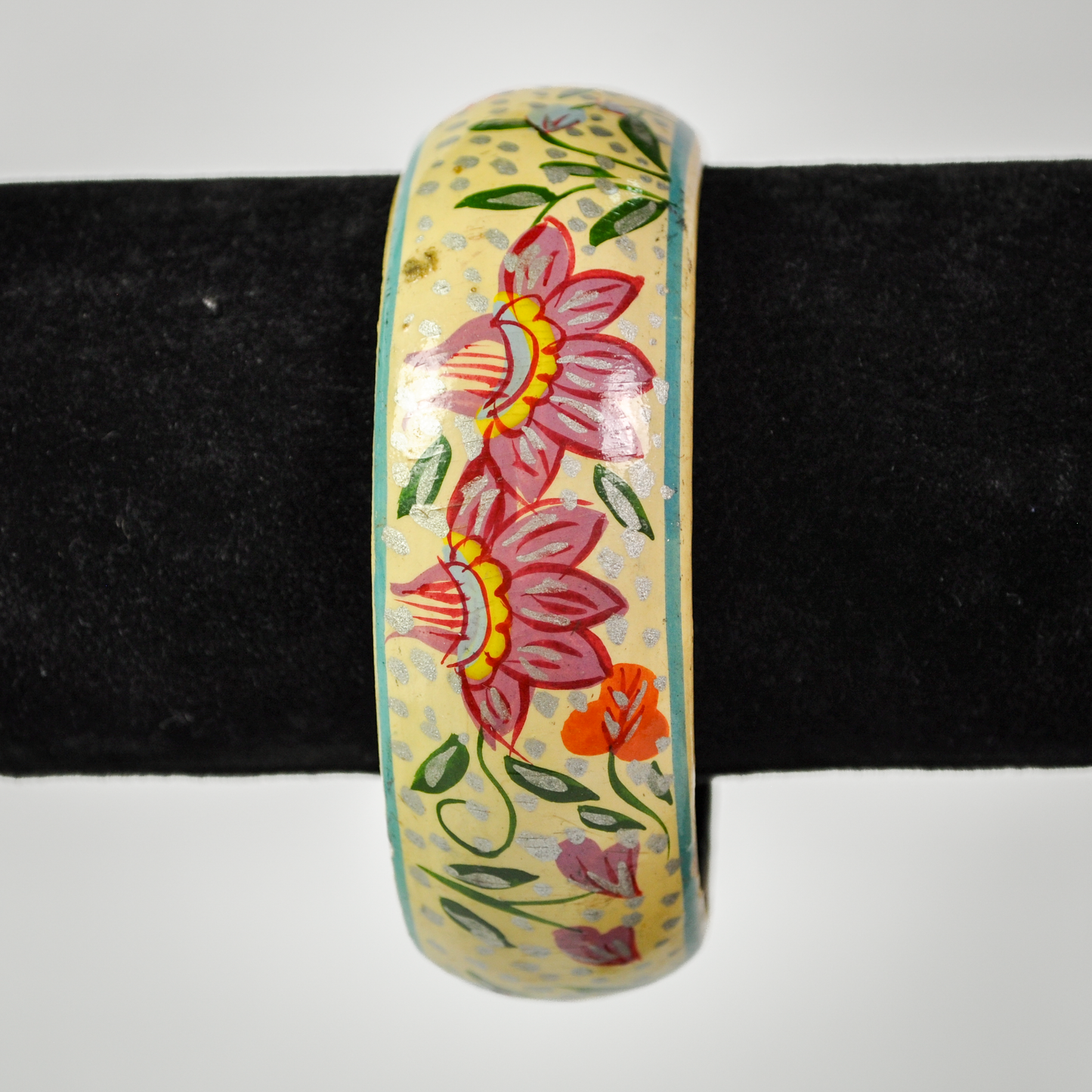 Vintage Folk-Art Style Floral Painted Lacquer Wood Cuff Bracelet - 1970s Boho Hippie Floral Hand Painted Wood Bangle