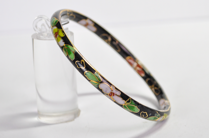 Vintage Chinese Cloisonné Black Floral Bangle - Genuine Cloisonne Enamel Inlay Flower Dainty Bangle Bracelet