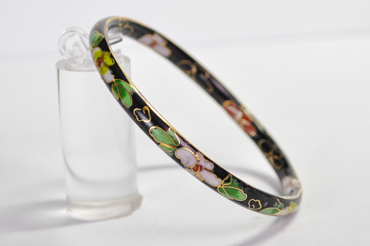 Vintage Chinese Cloisonné Black Floral Bangle - Genuine Cloisonne Enamel Inlay Flower Dainty Bangle Bracelet