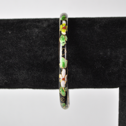 Vintage Chinese Cloisonné Black Floral Bangle - Genuine Cloisonne Enamel Inlay Flower Dainty Bangle Bracelet