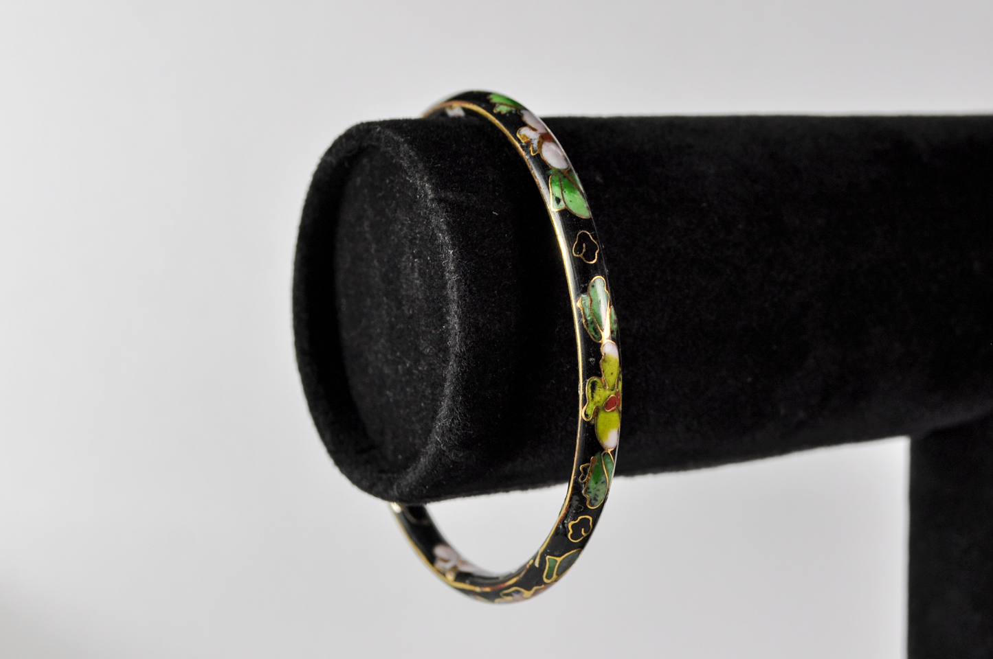 Vintage Chinese Cloisonné Black Floral Bangle - Genuine Cloisonne Enamel Inlay Flower Dainty Bangle Bracelet