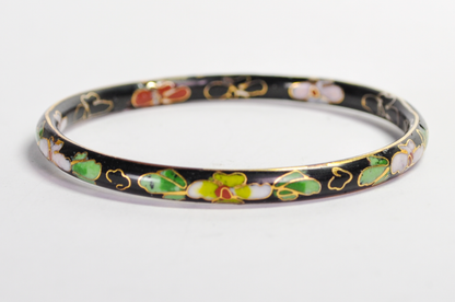 Vintage Chinese Cloisonné Black Floral Bangle - Genuine Cloisonne Enamel Inlay Flower Dainty Bangle Bracelet