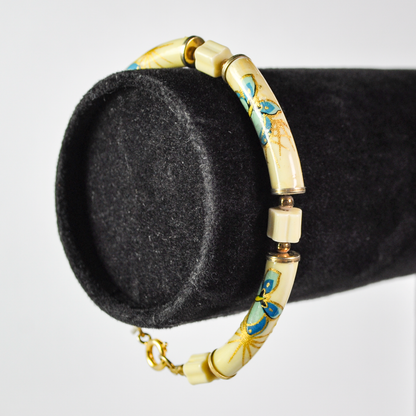 Vintage Hand-Painted Japanese Butterflies Ceramic Tube Bracelet - Genuine Japan Style Blue and Gold Painted Butterfly Tube Charm Bracelet