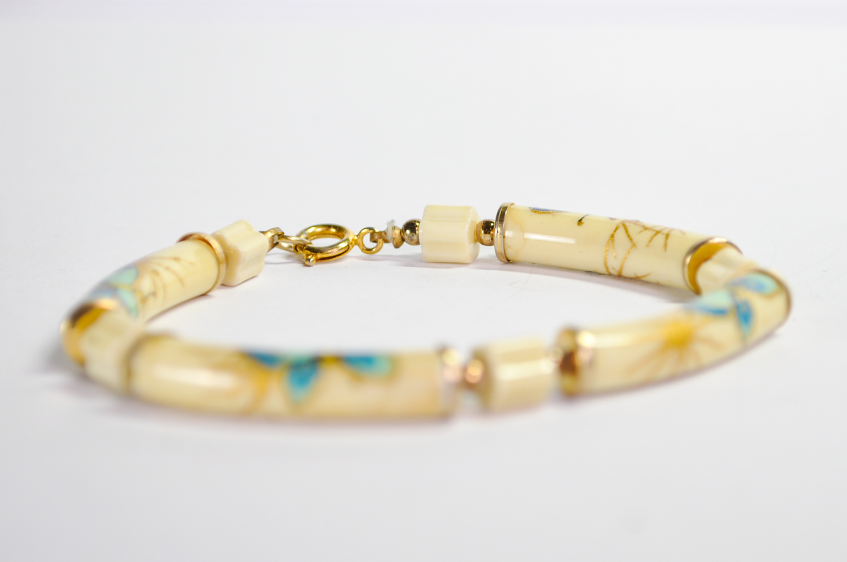 Vintage Hand-Painted Japanese Butterflies Ceramic Tube Bracelet - Genuine Japan Style Blue and Gold Painted Butterfly Tube Charm Bracelet