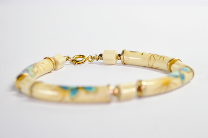 Vintage Hand-Painted Japanese Butterflies Ceramic Tube Bracelet - Genuine Japan Style Blue and Gold Painted Butterfly Tube Charm Bracelet