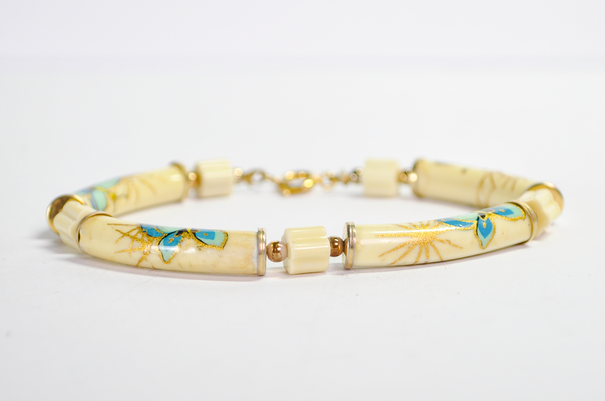 Vintage Hand-Painted Japanese Butterflies Ceramic Tube Bracelet - Genuine Japan Style Blue and Gold Painted Butterfly Tube Charm Bracelet