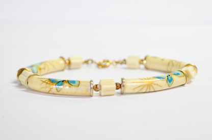 Vintage Hand-Painted Japanese Butterflies Ceramic Tube Bracelet - Genuine Japan Style Blue and Gold Painted Butterfly Tube Charm Bracelet